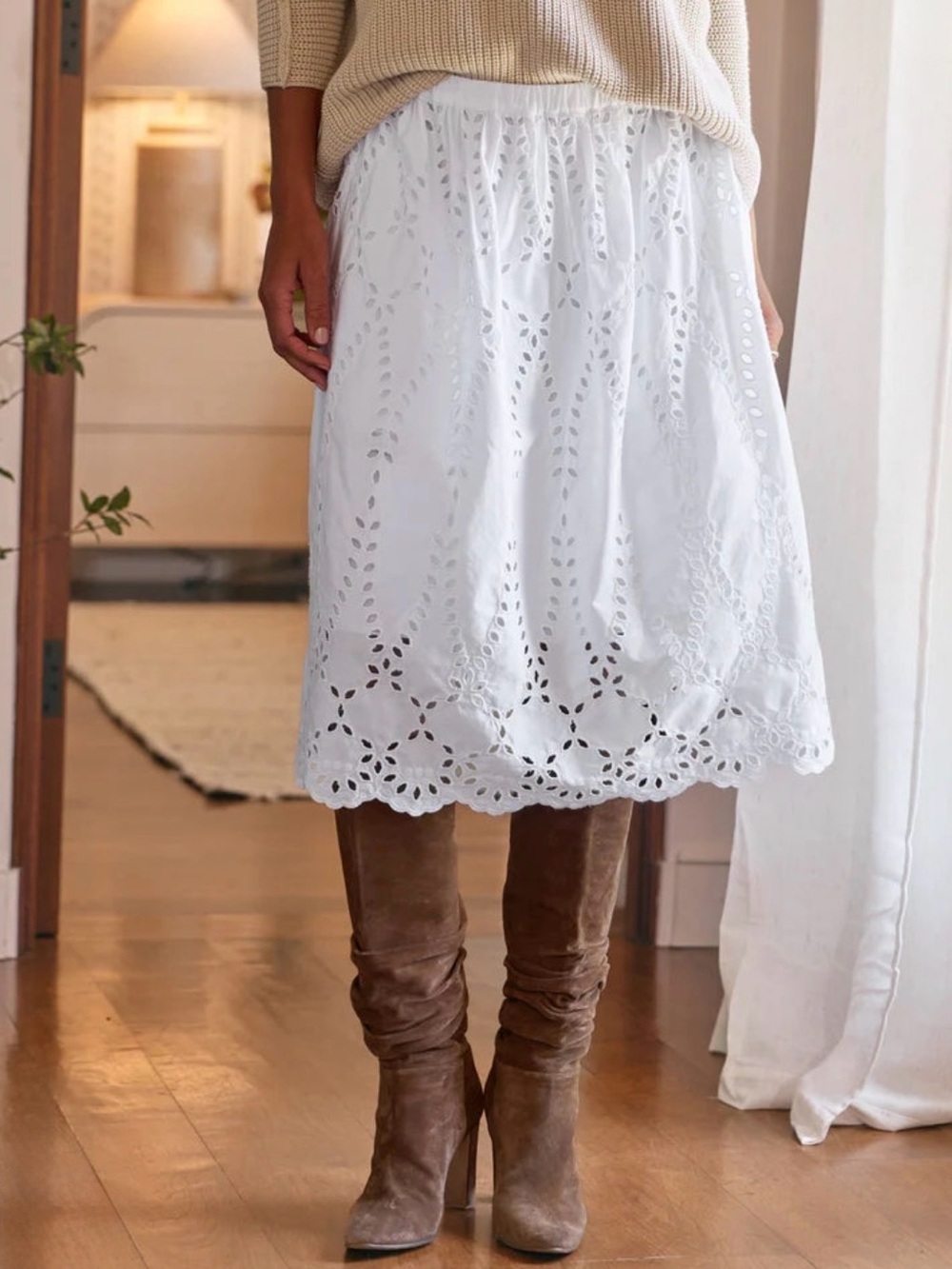 Frank & Eileen White Eyelet A-Line Midi Skirt